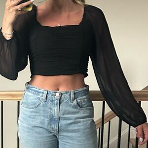 Altar'd State Black Sheer-Sleeve Ruched Square-Neck Crop Top